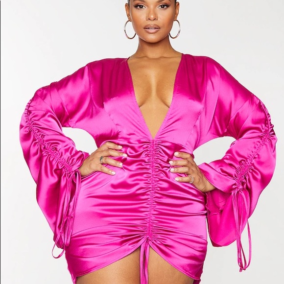 Plus Fuchsia Satin Plunge Ruched Front Dress - Picture 2 of 6